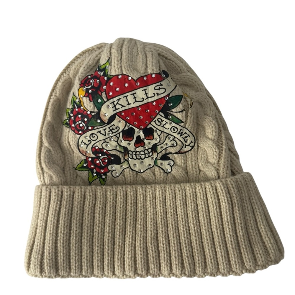 Ed Hardy Beige Knit Beanie with Skull and Heart Design